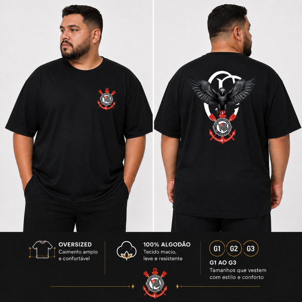 Camiseta Corinthians Gavião Oversized 100% Algodão Premium Fio 30.1 Streetwear Estilo Rua Unissex Moda Urbana Torcedor