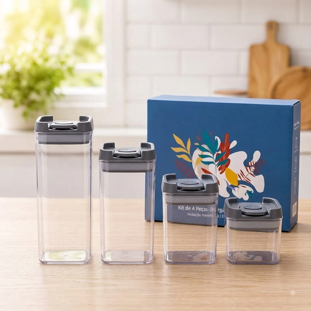 Kit 4 Potes Herméticos De Mantimentos Alimentos Vidro Falso Acrílico Transparente Com Trava Armário Cozinha