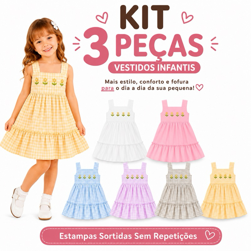Kit 3 Peças Vestido Infantil Menina Estampado Floral Sortido Passeio Festa Confortavel Dia A Dia Roupa Infantil Menina