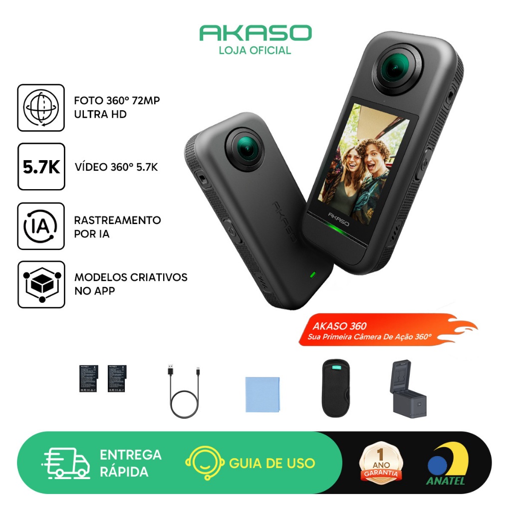 Câmera Ação 360° AKASO 360 Clássica 5.7K Tela Touch 2.29" Wi-Fi Bluetooth Ar Livre Gravação