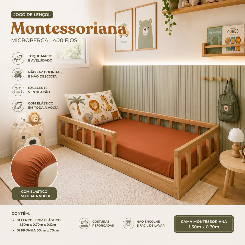Kit Jogo De Lençol Mini Cama Montessoriana Micropercal 400 Fios Infantil Lençol + Fronha