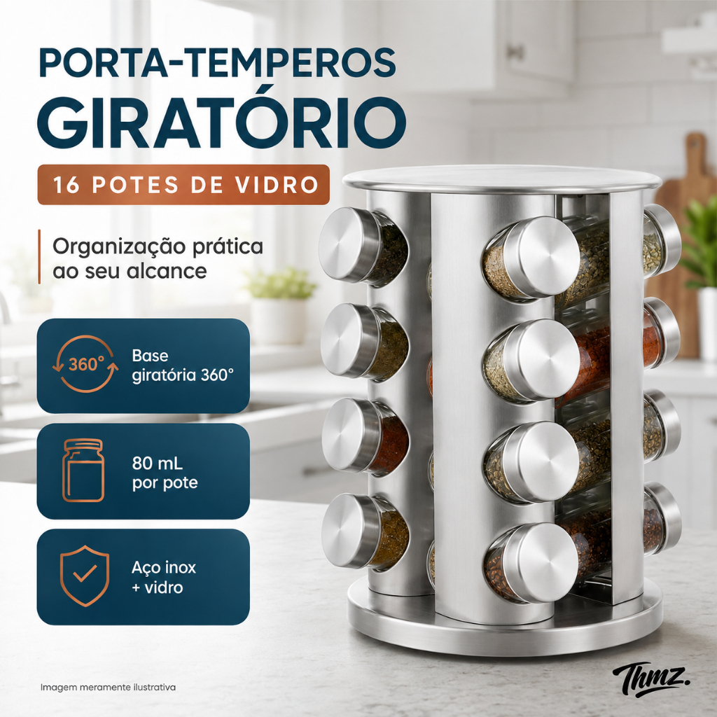 Porta Tempero Condimentos INOX 16 Potes Vidro Base 360° Cozinha Giratório Premium Organizador Temperos Cozinha Moderna