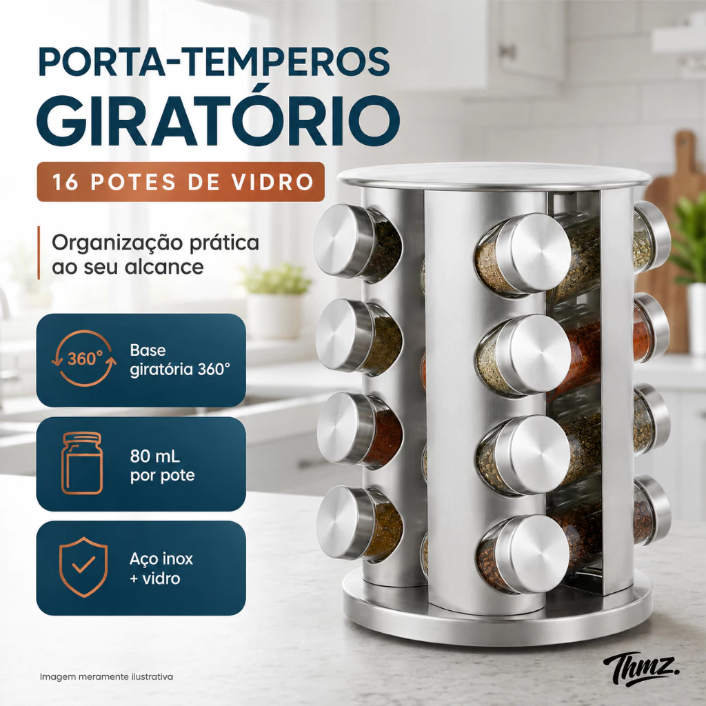 Porta Tempero Condimentos INOX 16 Potes Vidro Base 360° Cozinha Giratório Premium