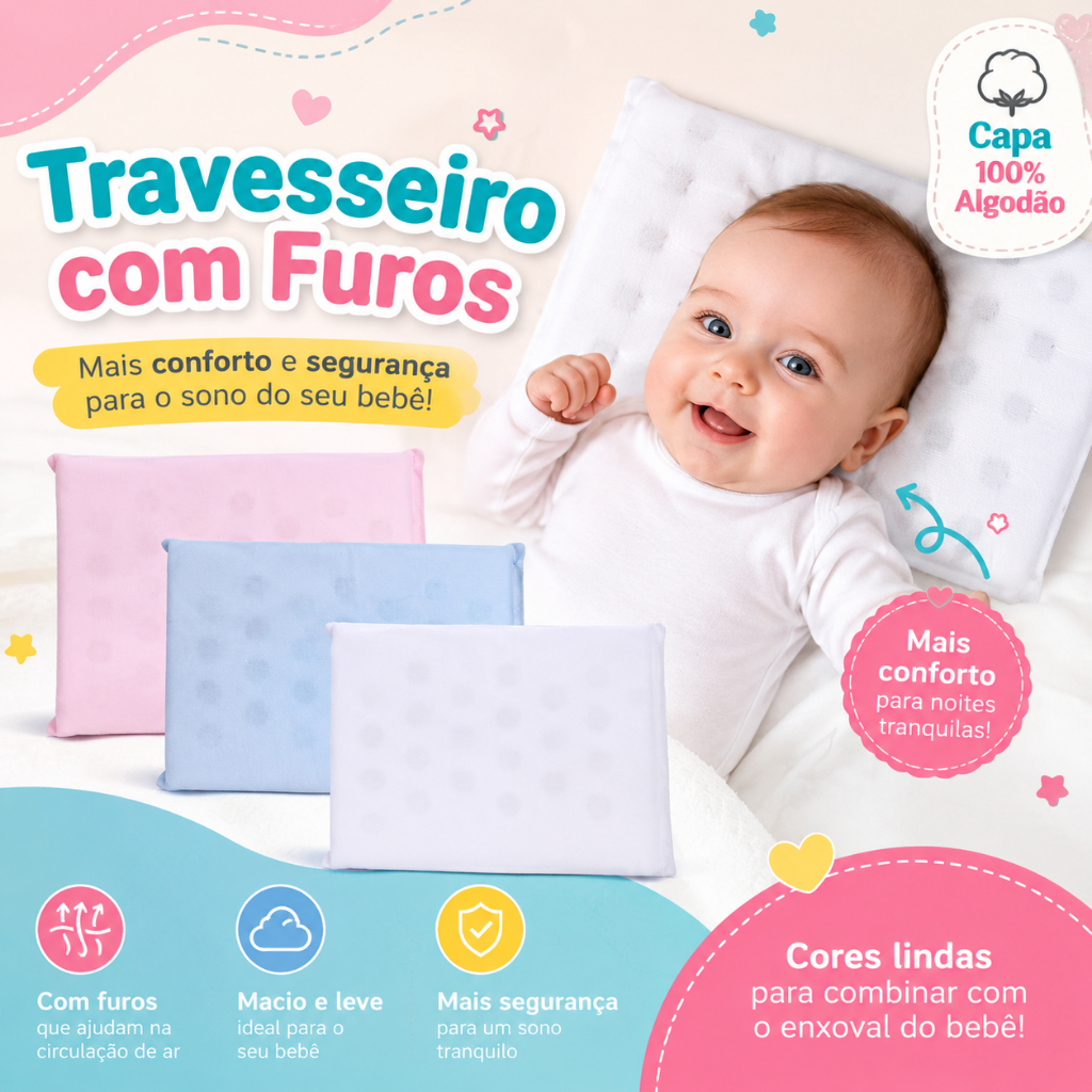 Travesseiro de bebê Anti Sufocamento com Furos Antialérgico para rn menino e menina