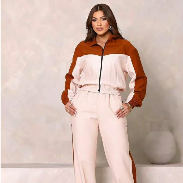 Conjunto Esportivo| Moda Feminina|Look Casual| Estilo e Conforto|Jaqueta e Calça| Conjunto Bicolor| Calça moda Pantalona