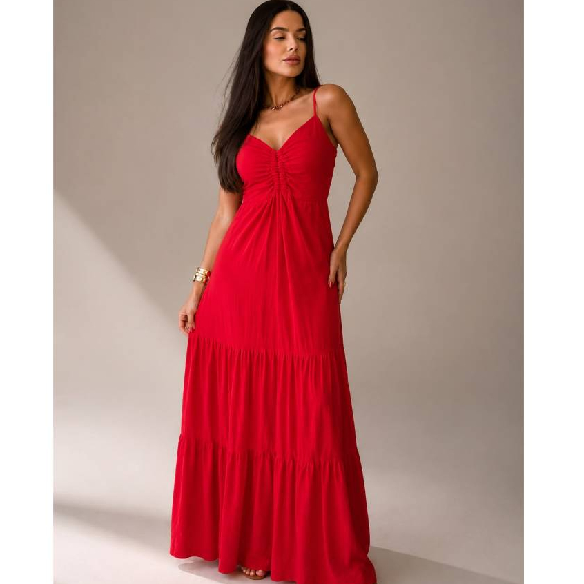 Vestido Longo Feminino Alcinha Decote V com Lastex nas Costas Soltinho Elegante Festa Verão