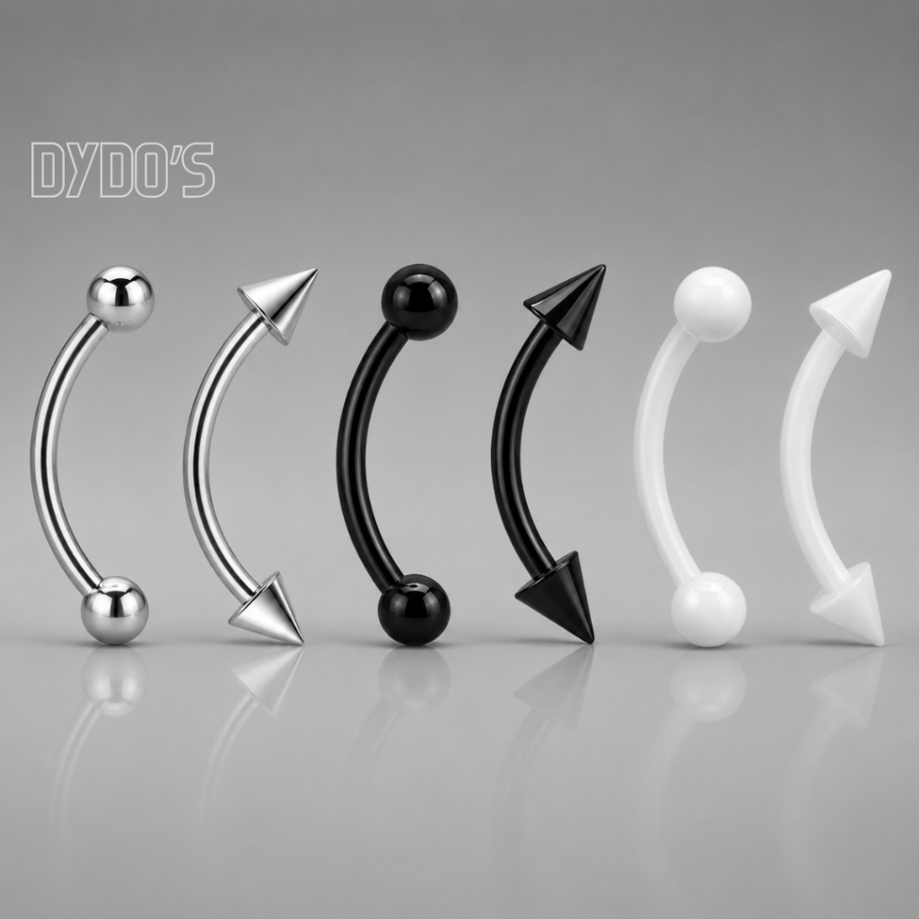 Piercing de Sobrancelha Curvo Bolinha Básico e Spike - Unissex - Preto/Prata/Branco
