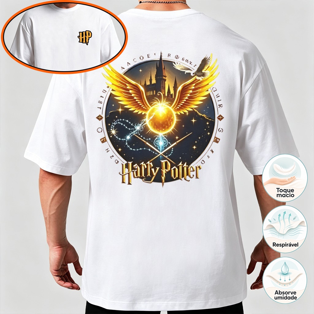 Camiseta Magica Harry Potter Castelo Estampa Peito e Costas 100% Algodão Macio Camiseta Unissex Plus Size Diversas Cores