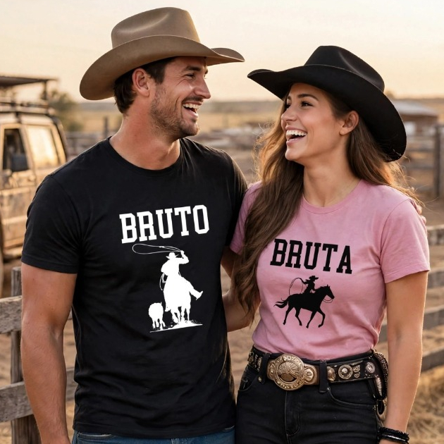 Camiseta Casal Country Bruto e Bruta Western Cowboy Cowgirl Agro Festa De Peao Rodeio