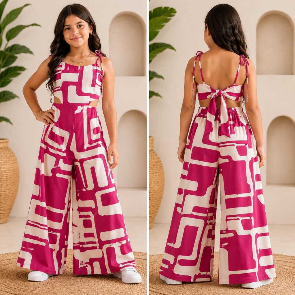 Macacão Infantil Feminino Pantalona Estampado Crepinho Soltinho Elegante Menina Juvenil Festa Passeio 4 ao 16 Anos