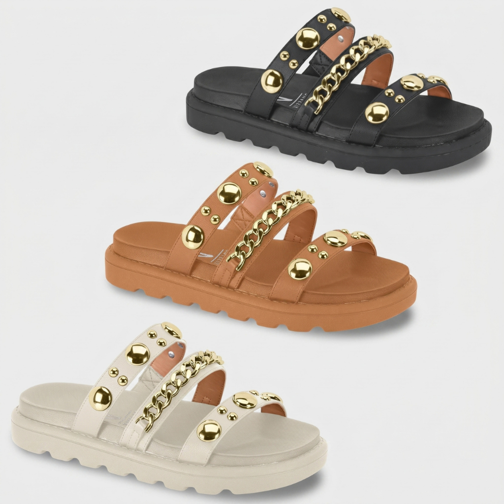 Sandalia Papete Feminina Vizzano Spikes Aplicações Metais Estilo