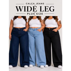 Calça Jeans Wide Leg Plus Size Feminina Cintura Alta Modelagem Pantalona 46 ao 54