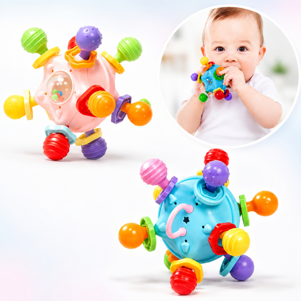 Brinquedo Sensorial Bebê Bola Mordedor chocalho Massageador de Gengiva Três de Ouro