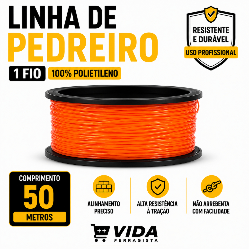 Linha de Pedreiro 50m 1 Fio 100% Polietileno Laranja para Construção e Alvenaria