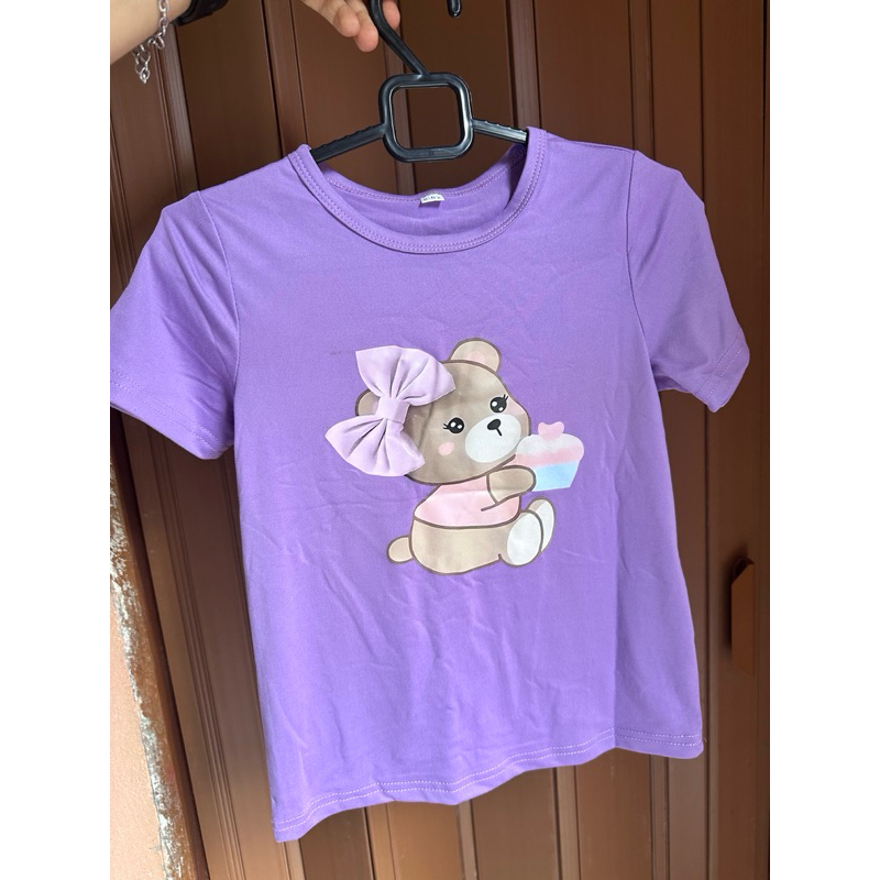 Camiseta de Manga Curta de Verão para Meninas com Estampa "Urso com Laço Ama Bolo