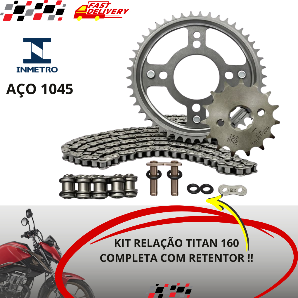 Kit Relação Transmissão Tração com Retentor CG Titan 160  Fan 160 Start  2016 2017 2018 2019 2020 2021 a 2026