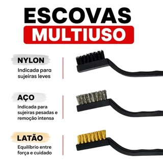 Kit 3 Escovas de Limpeza Multiuso 17x3m Aço Latão Nylon com Cabo Plástico