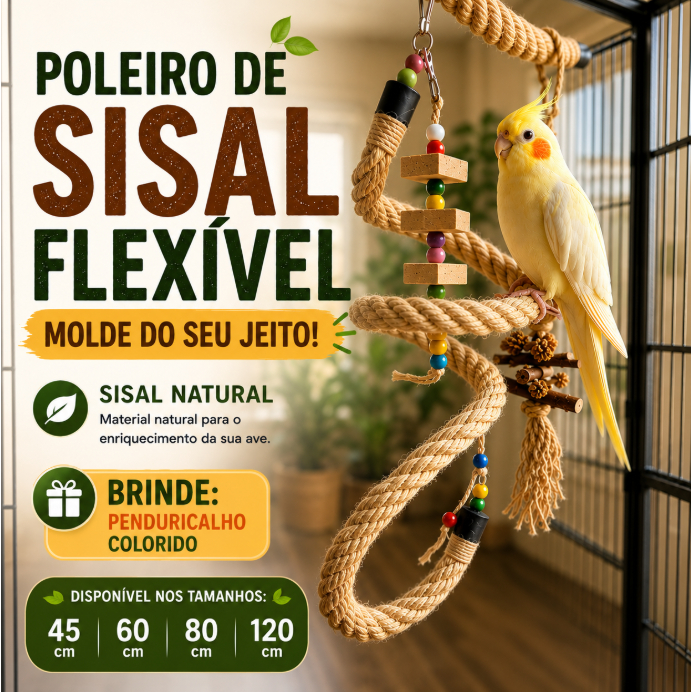 Poleiro Flexível Corda Sisal 60 80 120cm + Penduricalho Brinde - Brinquedo   Calopsita, Ring Neck, Agapornis e Periquito