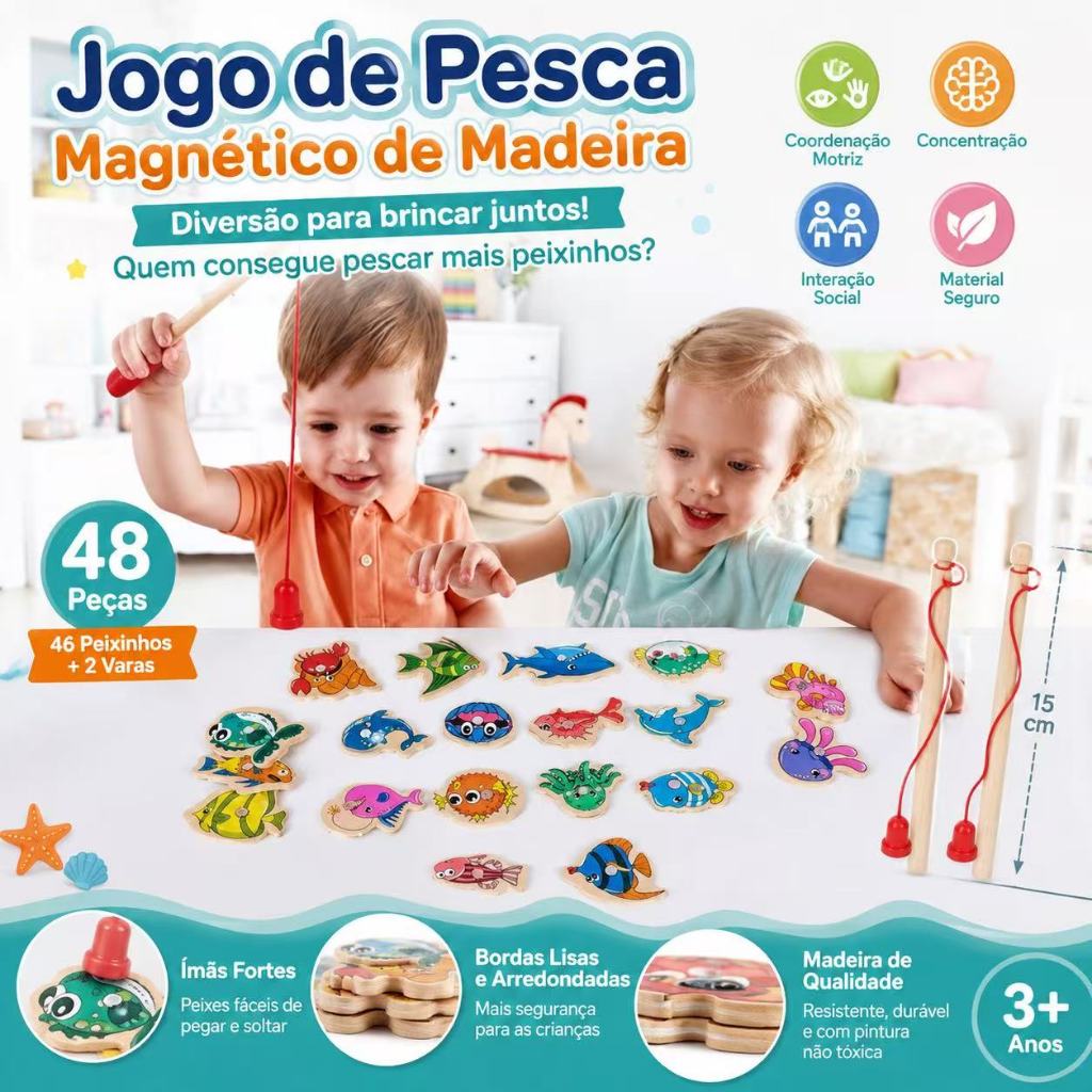Jogo de Pesca Magnético Infantil de Madeira 33 Peças com 2 Varinhas Brinquedo Educativo