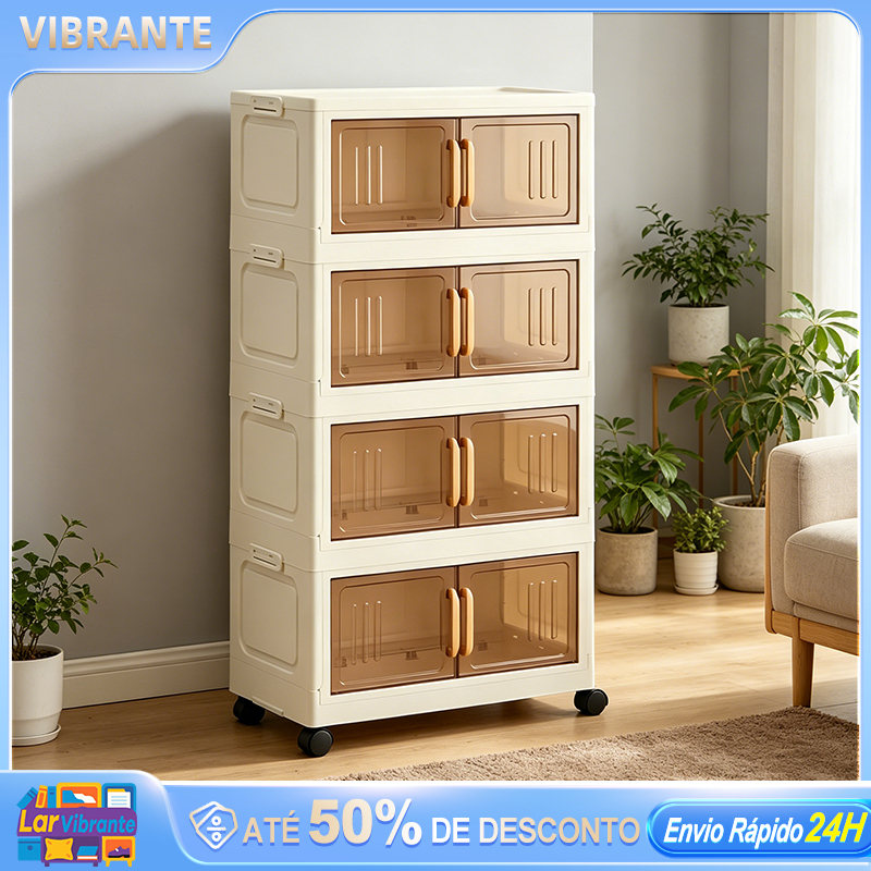 Armário Organizador Multiuso Dobrável com Porta Transparente e Rodinhas – 3/4/5 Andares Empilhável