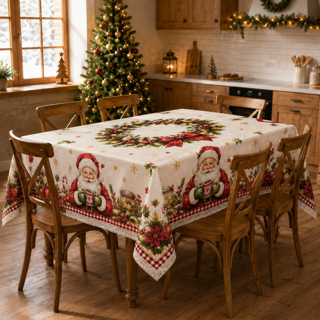 Toalha de Mesa Natalina Oxford Estampada 4 6 8 Lugares Ceia de Natal Mesa Posta Papai Noel Presépio