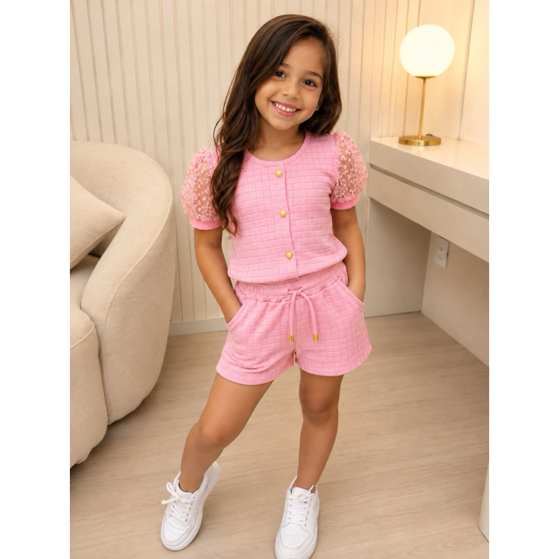 Conjunto Infantil Feminino Short e Blusa Manga Tule Princesa – Look Menina Verão