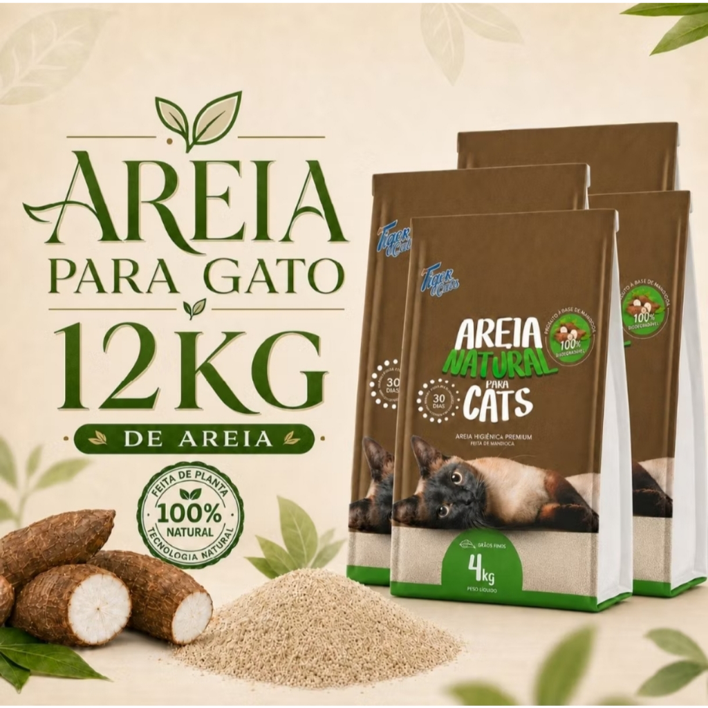 KIT CX com 12 KG de Areia Higiênica Natural Mandioca Biodegradável Gatos Tiger Cats,cx com 3 pacotes de 4kg,
