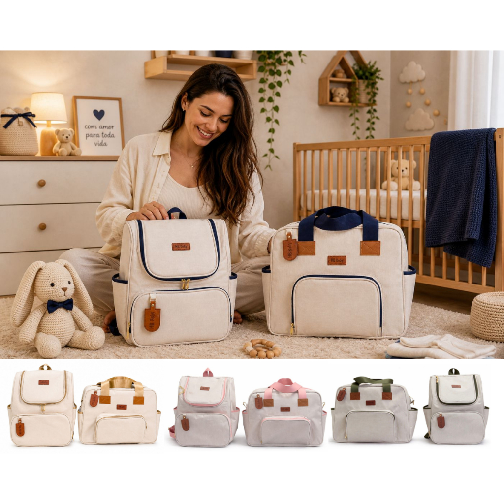 Kit Bolsa Saída Maternidade 2 peças para bebes elegante linho premium menino menina bebês