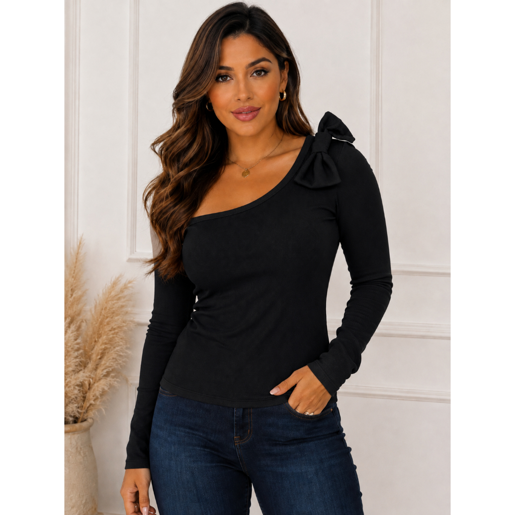 Blusa Feminina Manga Longa com Laço no Ombro Elegante e Confortável