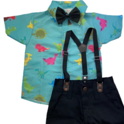 CONJUNTO DINOSSAURO tematica completa roupa infantil Camisa Gravata Bermuda e Suspensório