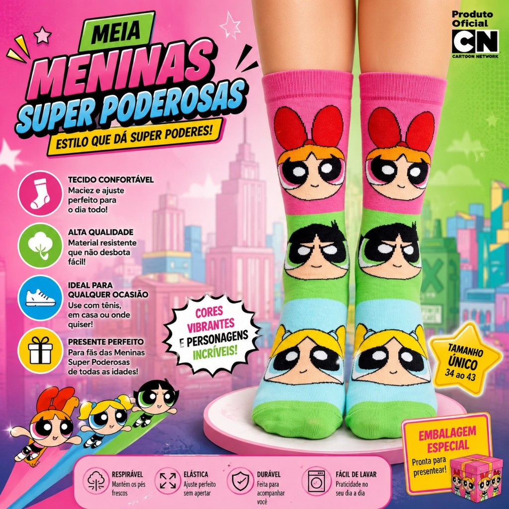 Meia Meninas Super Poderosas Feminina Estampada Colorida Cano Alto Confortável Geek Presente