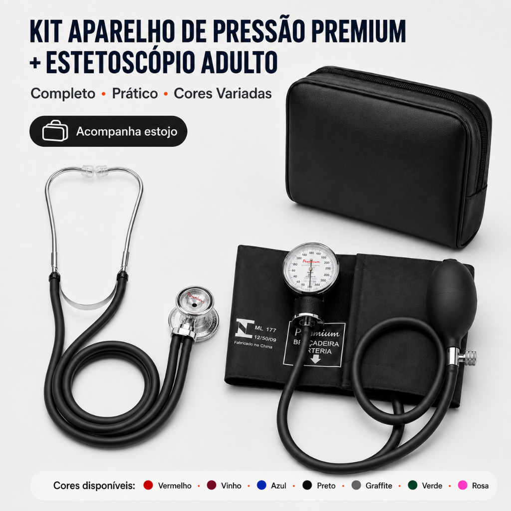 Kit Aparelho de Pressão + Estetoscópio Premium Adulto Profissional INMETRO Cores Variadas