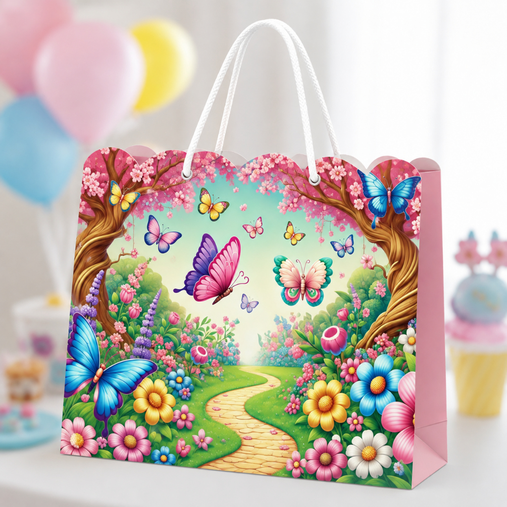 Sacolinha personalizada Jardim Encantado, lembrancinha infantil, festa jardim, borboletas, flores e aniversário