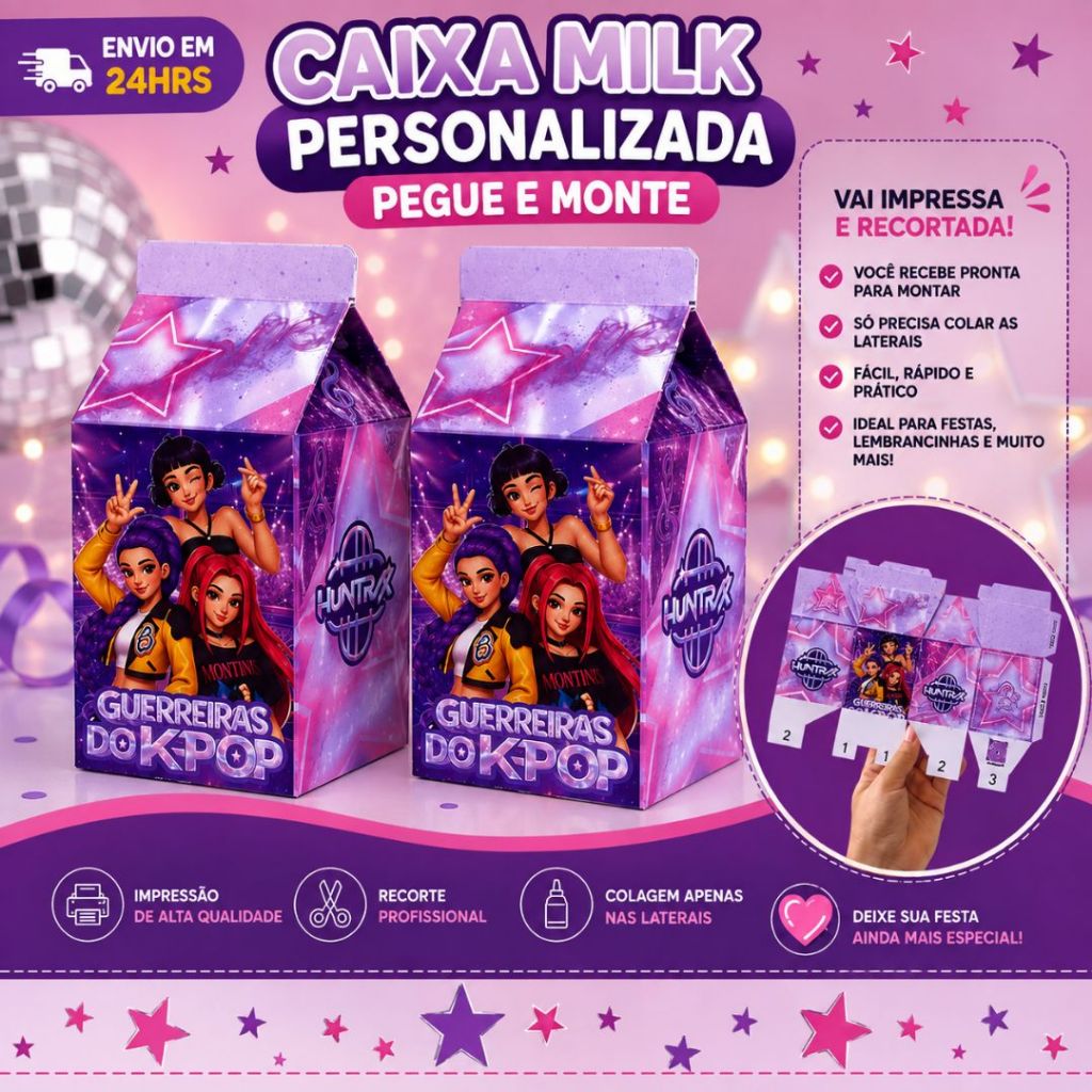Kit 10 Caixa Milk Guerreiras do K Pop Personalizados /Lembrancinha de Festa /Aniversário / PEGUE E MONTE