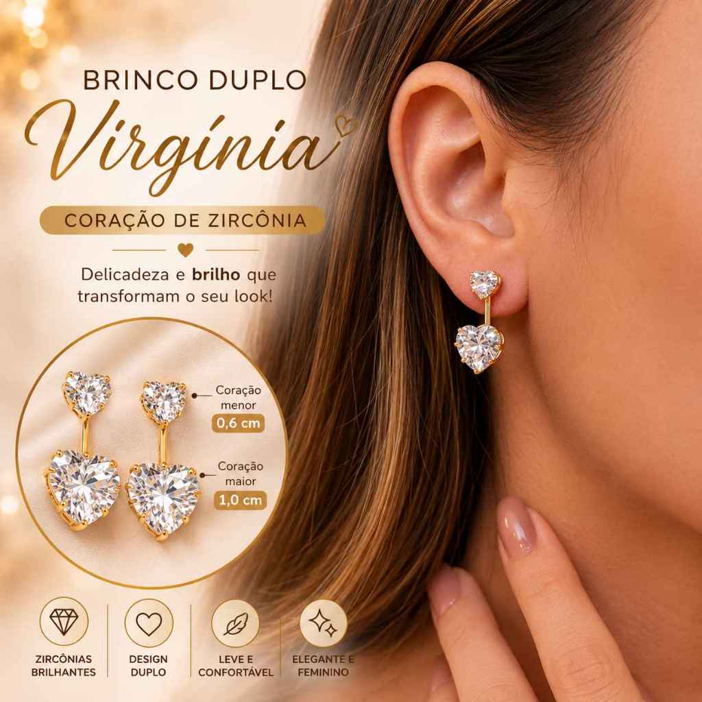 Brinco Duplo Virgínia Coração Zircônia Folheado Dourado Feminino Elegante Brilhante Presente — imagem 2 de 2