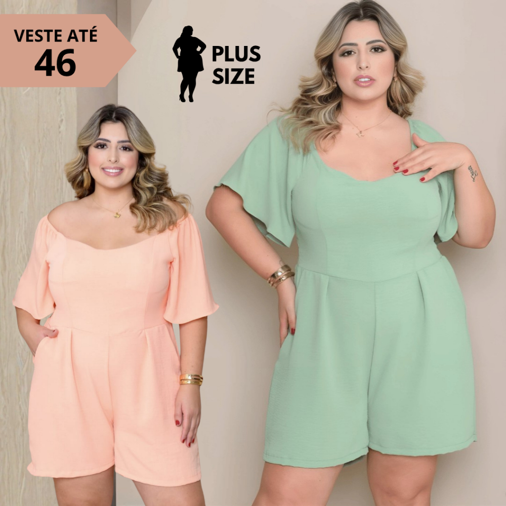 Macacão Macaquinho Plus Size Curto Soltinho Com Bojo Elástico Duna Elegante Da Moda