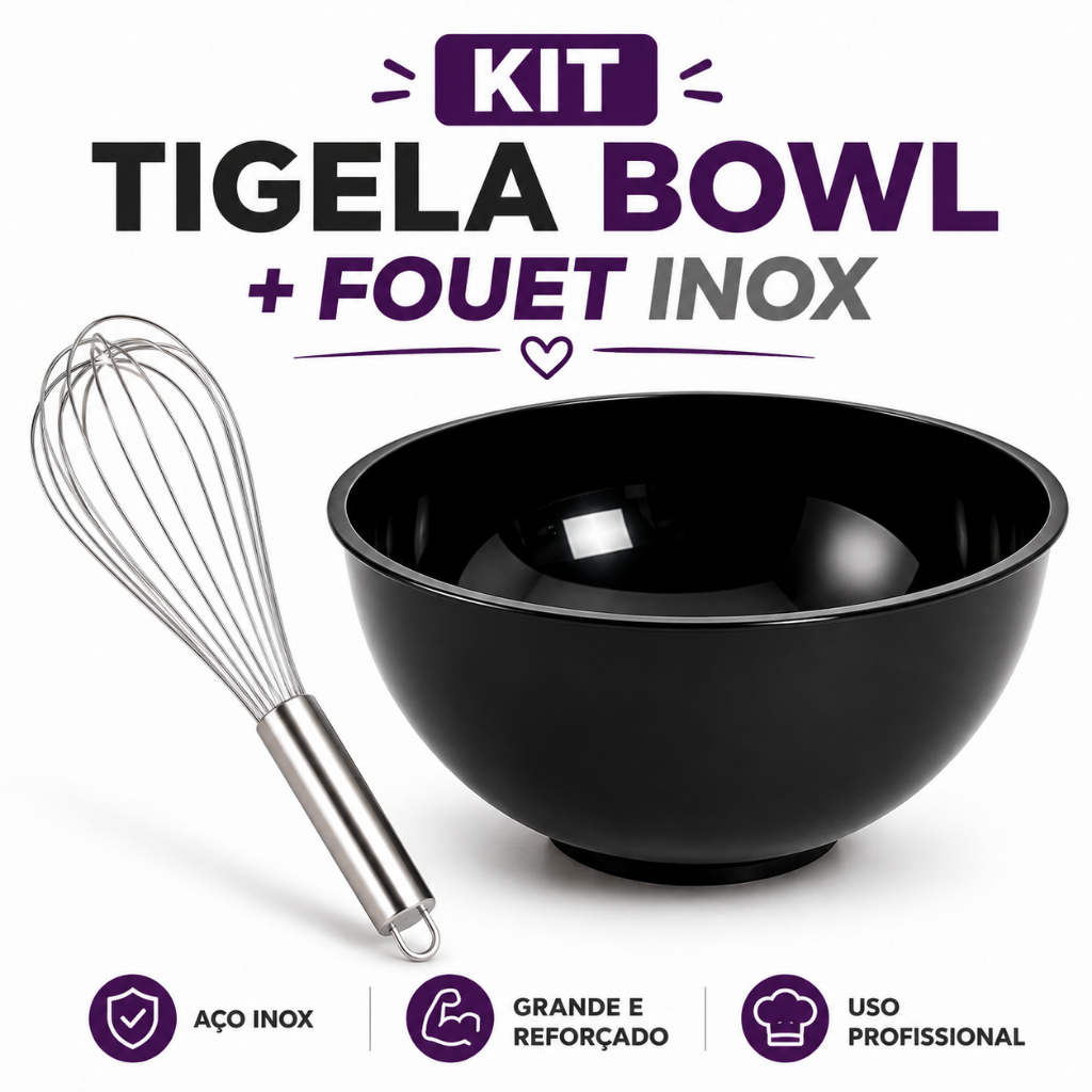 Kit Tigela Bowl 4 Litros Preta + Fouet Batedor de Ovos Inox 25cm Confeitaria Cozinha Super resistente