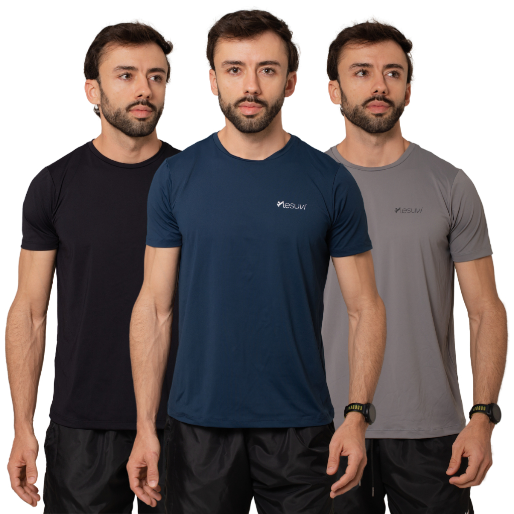 Kit 3 Camisetas Masculina Dry Fit Esportiva Academia em Poliéster Proteção UV