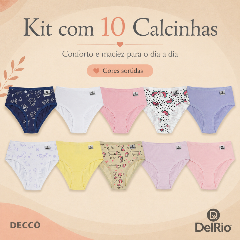 Kit 10 Calcinhas Infantil DelRio Biquíni Cotton Algodão Confortável Uso Diário