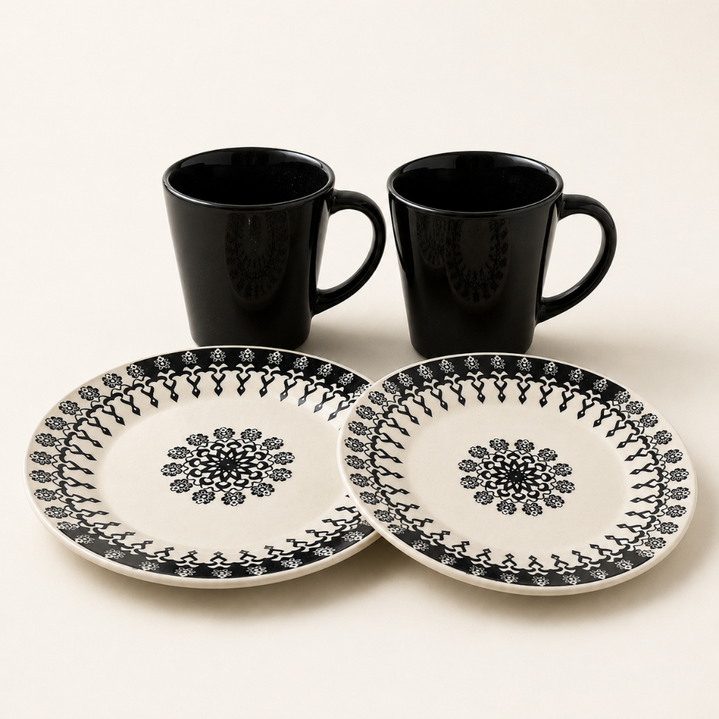Jogo Folk 4 Peças Ceramica - 2 Canecas 230ml + 2 Pratos de Sobremesa 18cm
