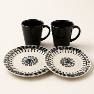 Jogo Folk 4 Peças Ceramica - 2 Canecas 230ml + 2 Pratos de Sobremesa 18cm
