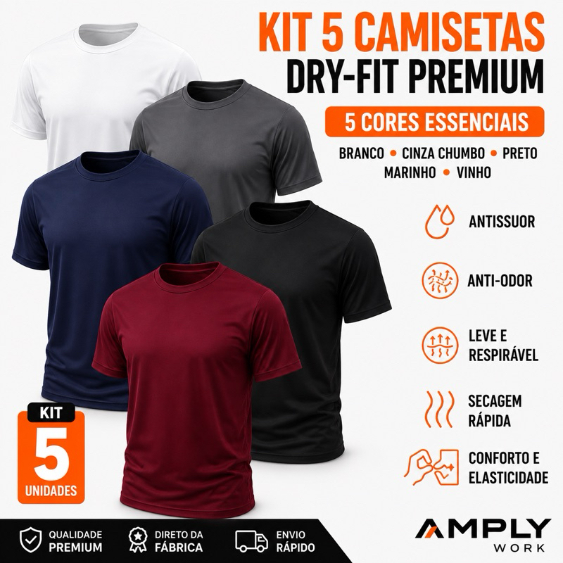 Kit 5 Camisetas Dryfit Masculina Casual Treino Academia Caminhada Esportes Anti Suor