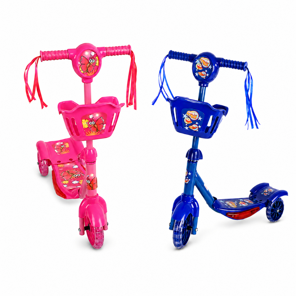 Patinete Infantil 3 Rodas com Luz LED e Som Guidão Ajustável Cesto Frontal Criança Menina Menino Rosa ou Azul