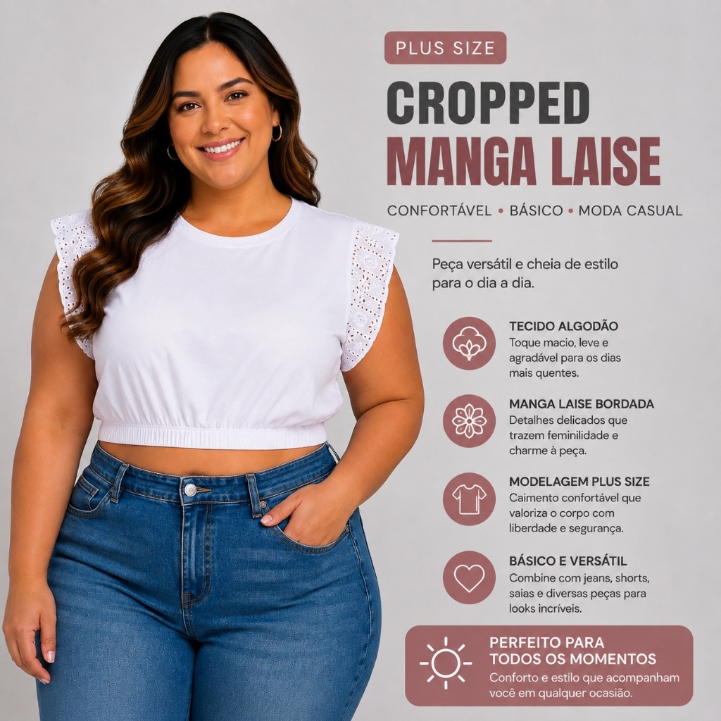Cropped Plus Size Feminino Algodão Manga Laise Bordado Básico Confortável Moda Casual 25741-A