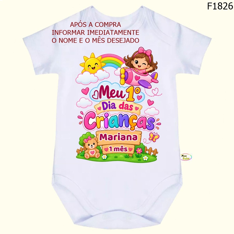 Body Bebê Frases Meu Primeiro Dia das Crianças Personalizado com nome e mês menino e menina SF1826/SF1827