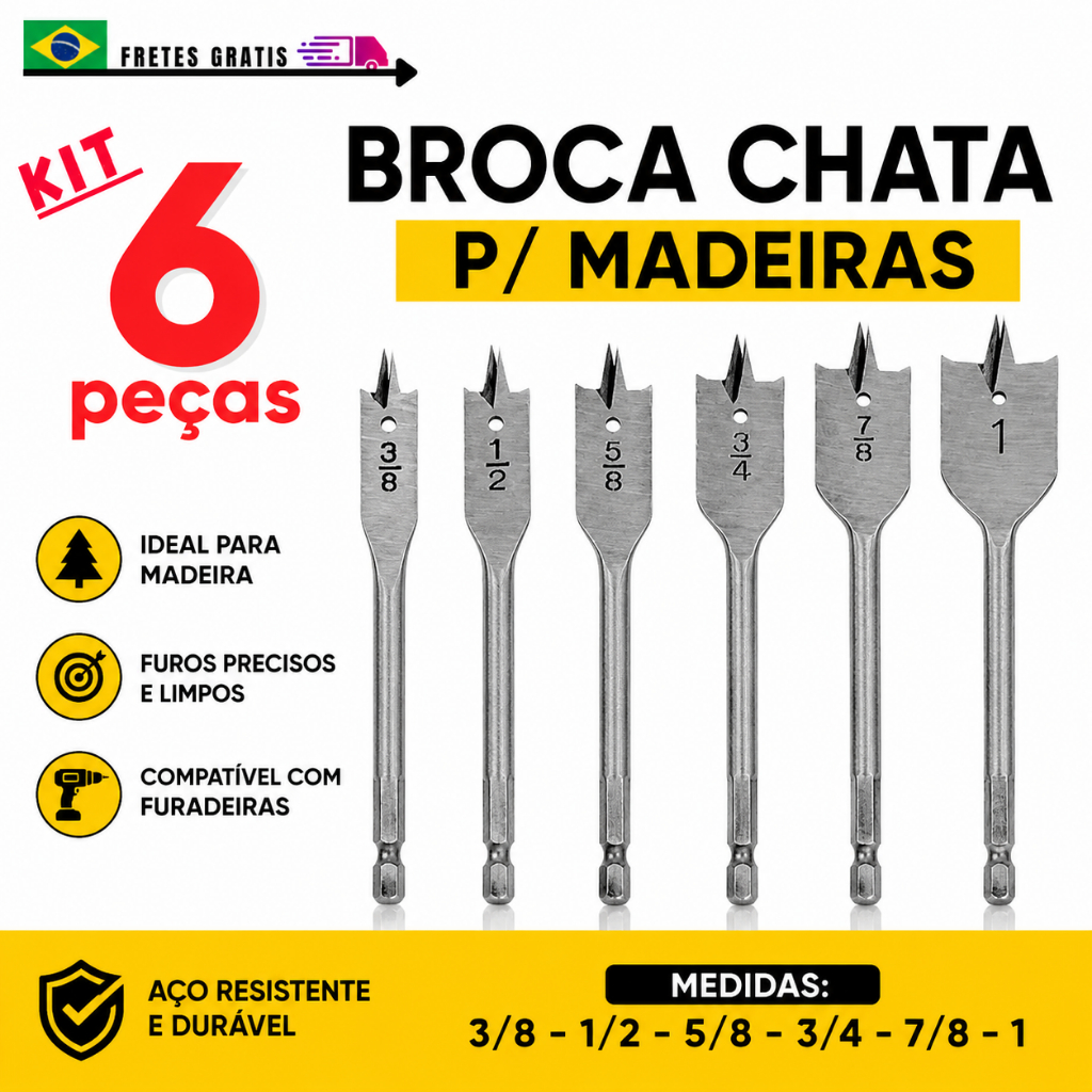 Jogo de Broca Chata para Madeira 6 Peças 3/8 a 1 Polegada