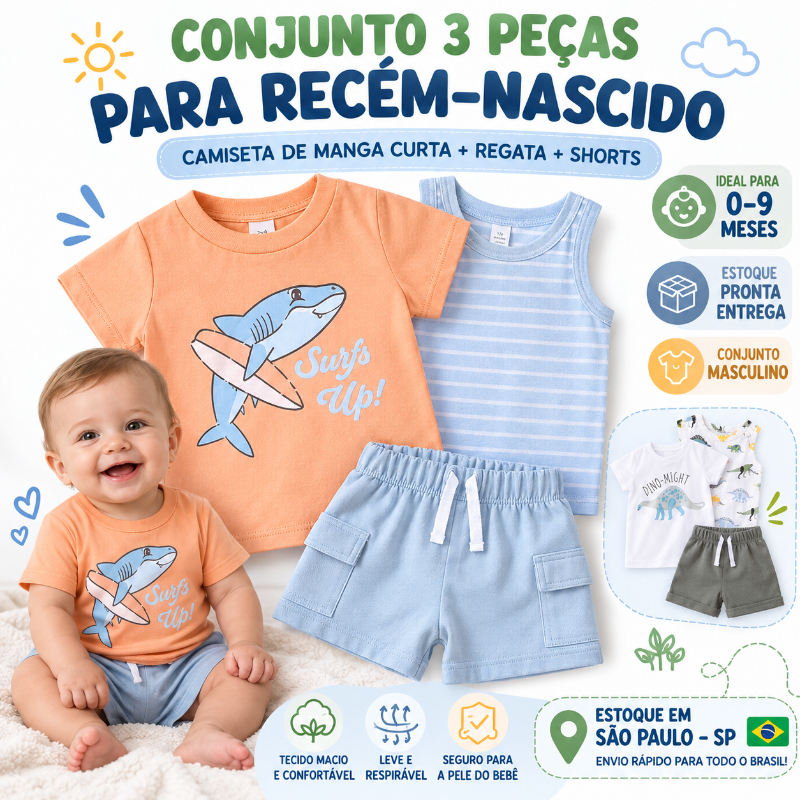 Conjunto Bebê Menino 3 Peças Camiseta Tubarão Regata Listrada Shorts Dinossauro Verão Roupa Infantil 0 a 9 Meses