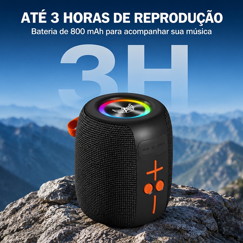Caixa de Som Bluetooth TWS 50W IPX6 Luz LED RGB Entrada TF USB Rádio FM