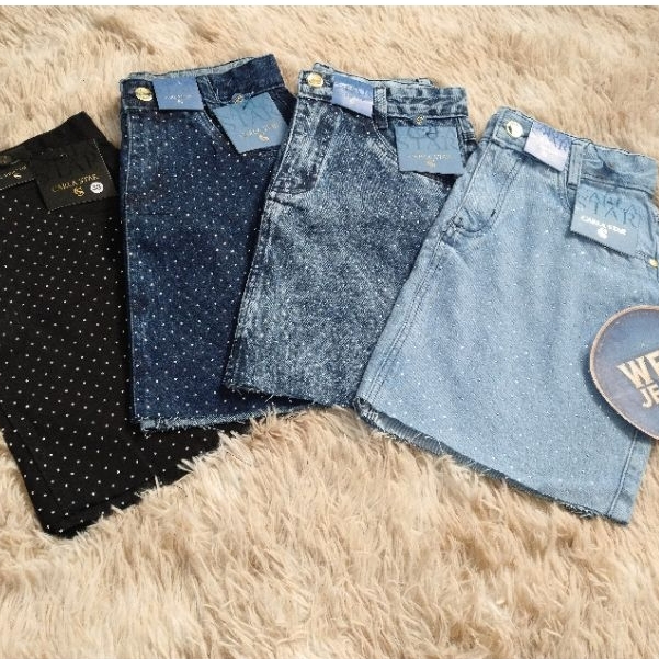 Mini Saia Jeans Com Brilho Strass Salpicada