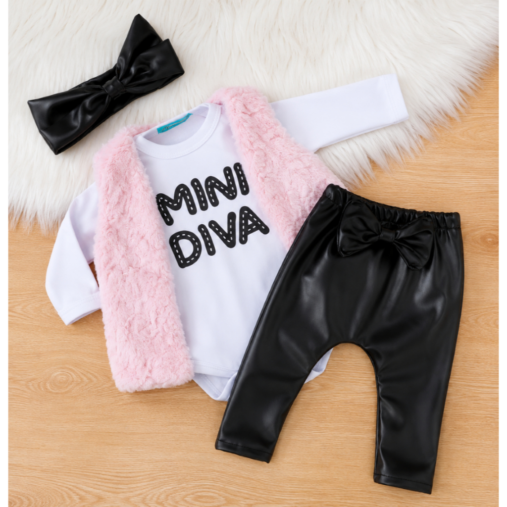 Conjunto Bebê Menina Mini Diva Body Manga Longa Calça Colete Pelúcia Faixa Inverno Blogueirinha PMG